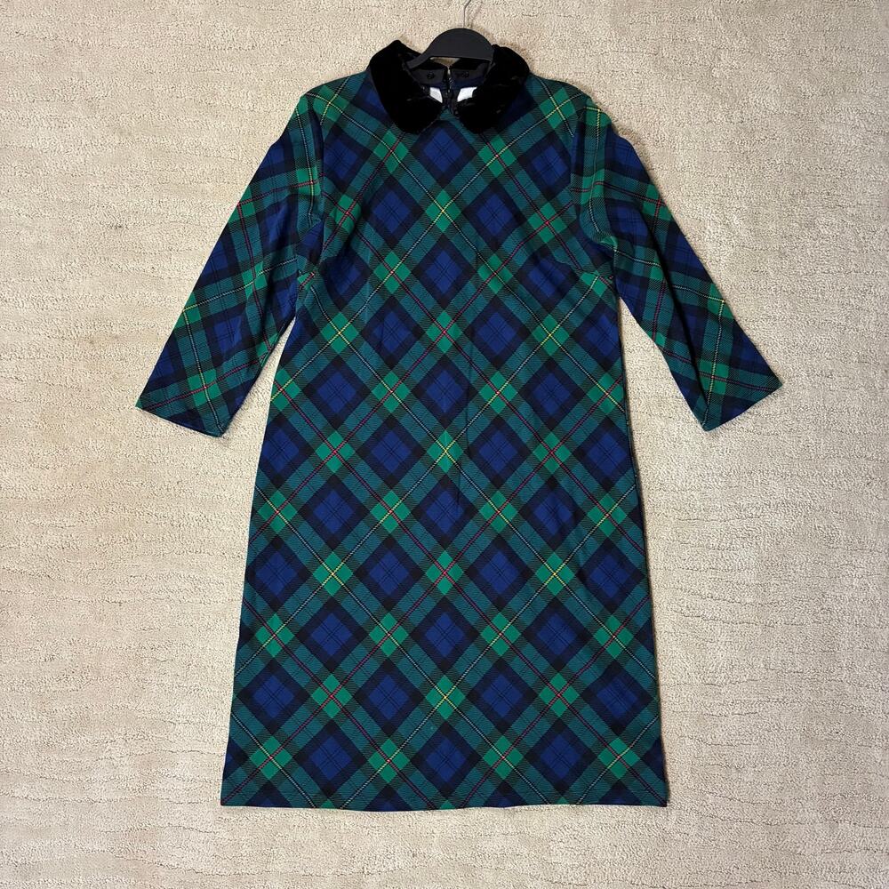Talbots Womens L Green Plaid Velvet Collard Academia Knee Length Dress Preppy